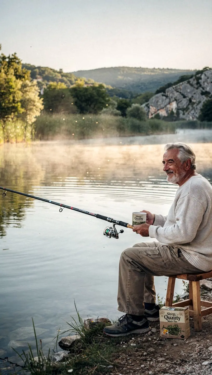 Mužjak u pidžami, čita knjigu uz šalicu čaja, s opuštajućim ambijentom.